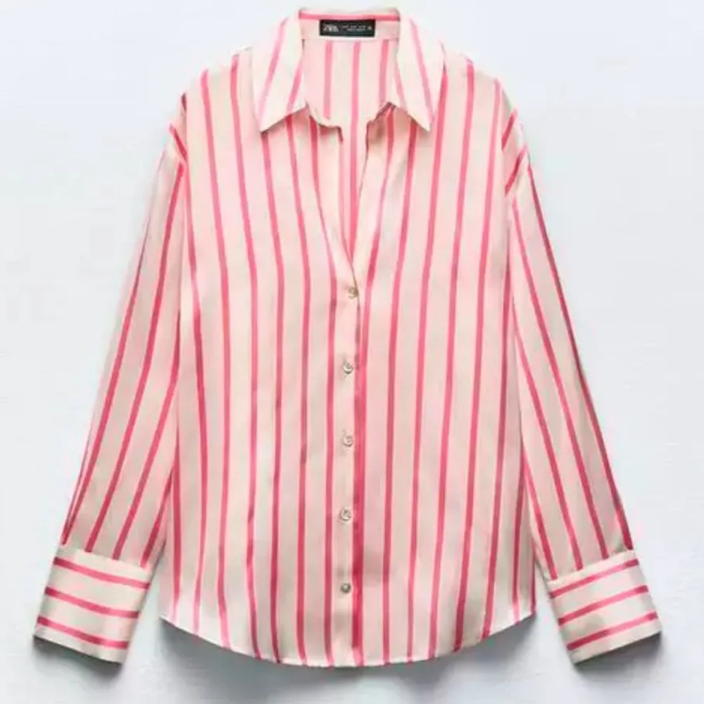 Zara Pink and White Striped Button Down Shirt